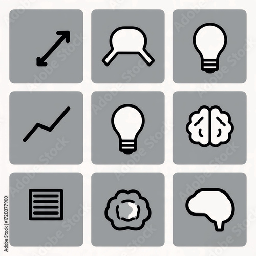 Diverse minimalist icons symbolizing key concepts innovation, strategic thinking, problem-solving, creativity, ideas, and business growth. Perfect for digital projects and presentations