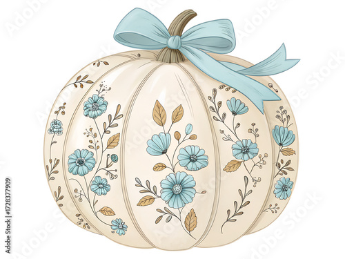 Elegant Floral Pumpkin with Blue Bow on Transparent Background
