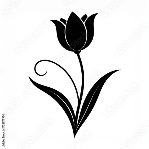 Vector Tulip Flower Silhouette with Elegant Curved Black Design on White Background