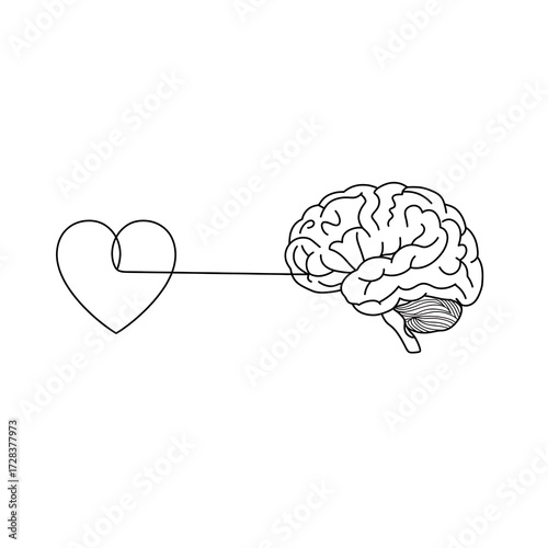 Connecting Heart and Brain Line Art Illustration on White