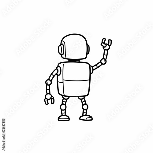 Cartoon robot with rectangular body and rounded head waving its hand, isolated on white background.