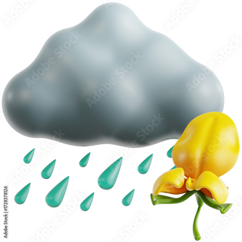 A charming 3D illustration of a yellow flower gently receiving the raindrops falling from a dark gray cloud, symbolizing the beauty of nature's renewal and growth