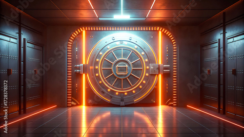 Futuristic bank vault door illuminated by neon lights