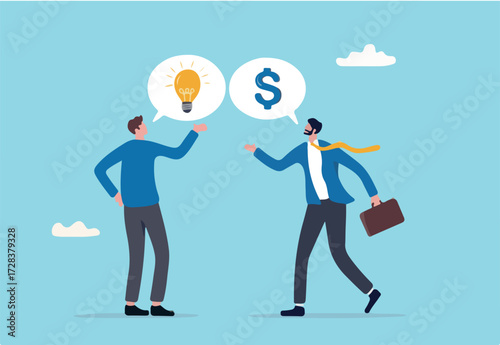 Venture capital, project pitching for funding or VC investment, selling idea for money or angel investment for startup project concept, young entrepreneur pitching idea to raise venture capital fund.