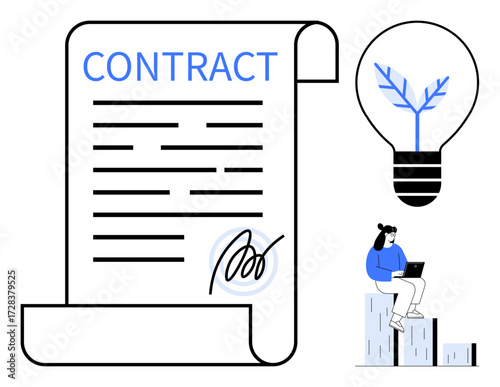 Contract with signature, light bulb with leaf symbolism, seated professional with laptop. Ideal for business, agreements, law, innovation, renewable energy, decision-making simple flat metaphor