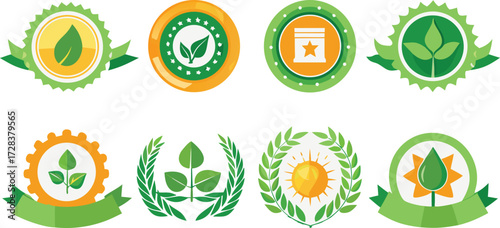 Eco Friendly Badges and Emblems with Leaves and Sun