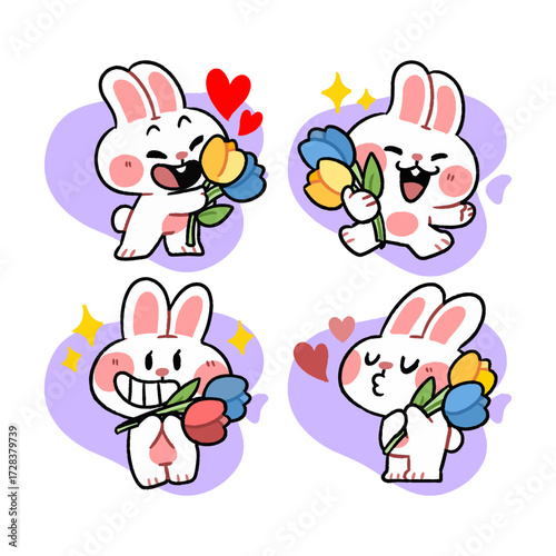 Cute bunny holding colorful flowers with adorable expressions doodle illustration