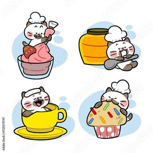 Funny Chef Kitten Baking and Enjoying Strawberry Cup Coffee and Honey Doodle illustration