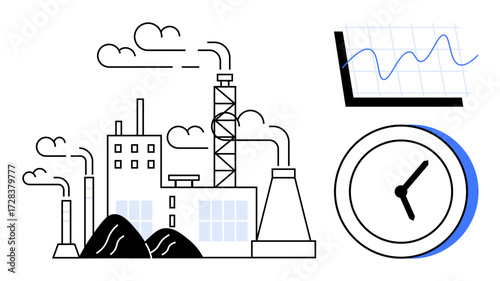 Factory buildings emitting smoke, piles of raw materials, data chart displaying growth trends, and clock for time management. Ideal for industry, production, efficiency, strategy, sustainability