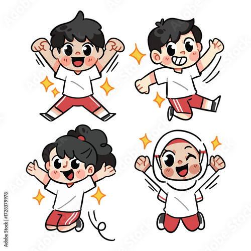Cheerful School Kids Jumping and Smiling in Red White Uniform Doodle illustration