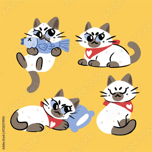 Cute Siamese Cat Wearing Red Scarf with Heart Pattern Holding Fish Doodle illustration