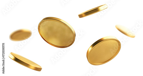Shiny blank gold coins, tokens, or chips, flying in the air, isolated on transparent cutout background