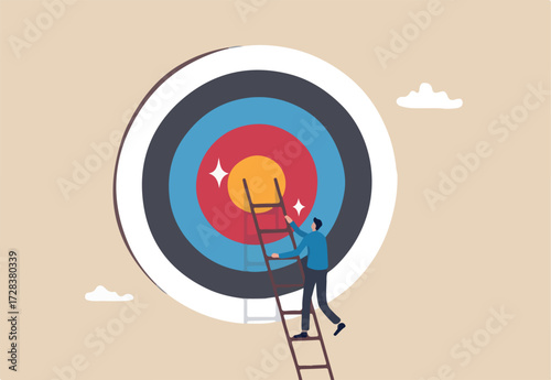 Climb up ladder to reach target or goal, aspiration to success, growth or aiming to achieve target, objective or purpose, motivation to winning concept, businessman climbing ladder to business goal.