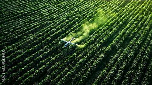 Aerial view of a crop duster plane spraying pesticides over vast green agricultural fields.