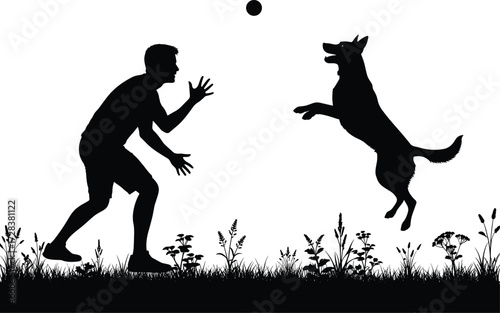 Silhouette of man playing with dog, jumping dog catching ball, outdoor fun, pet activity, bonding, nature, grass, summer, action, friendship