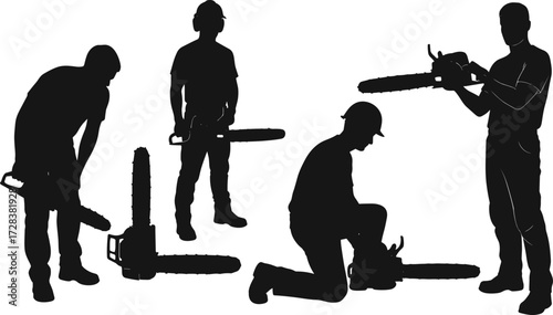 Chainsaw operator silhouettes, workers using chainsaws, safety gear, logging tools, forest workers, tree cutting, construction, maintenance, power tools, lumberjack action