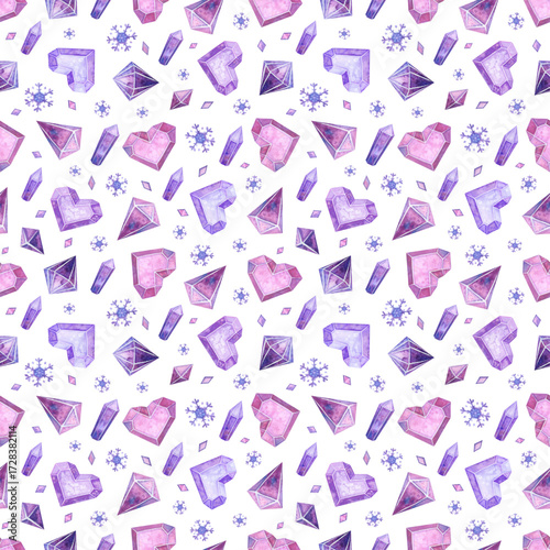 A whimsical seamless pattern of watercolor purple and pink geometric hearts, crystals, and snowflakes on a white background.