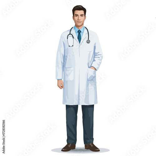 Professional Doctor in White Coat with Stethoscope Isolated on White