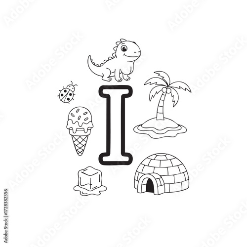 Educational alphabet coloring page with letter I surrounded by ice cream igloo island insect and iguana for preschool learning