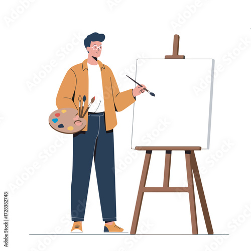 Artist lost in creative flow, holding a palette and brush, facing blank canvas on easel