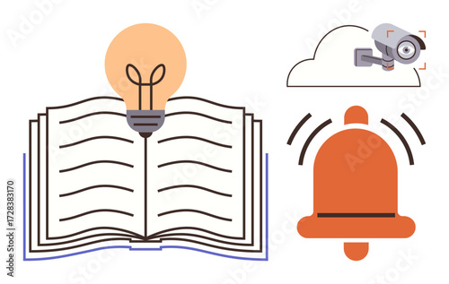 Open book with glowing lightbulb, cloud-based surveillance camera, and ringing notification bell. Ideal for education, creativity, innovation, technology, security, communication alert systems