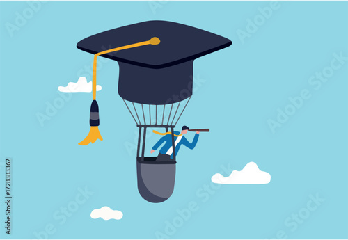 Education or knowledge to growth career path, working skill to success in work, learn or study new course for business success concept, businessman fly graduation mortar hat balloon see future vision.