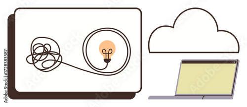 Tangled wire leading to glowing bulb symbolizes problem-solving and ideas. Nearby cloud and laptop suggest innovation, digital work, and thinking. Ideal for creativity, brainstorming, technology