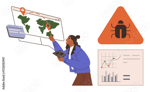Woman monitoring world map with geolocations for threats, reviewing data on a tablet. Bug alert highlights cybersecurity risk. Ideal for cybersecurity, technology, data analysis, risk management, IT