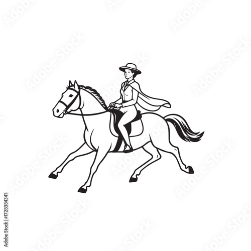 Black and white line art of a beautiful woman with perfect body riding horse elegant minimalist illustration