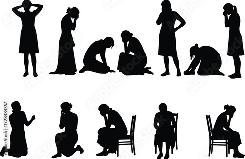 Sad woman silhouette, emotional distress, depression concept, anxiety illustration, grief posture, mental health awareness, loneliness, despair, trauma, psychological pain