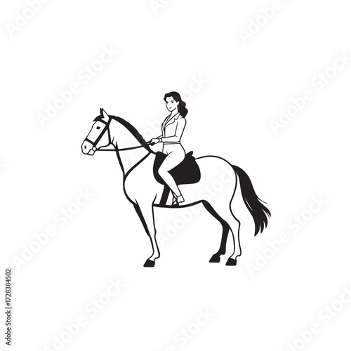 Black and white line art of a beautiful woman with perfect body riding horse elegant minimalist illustration