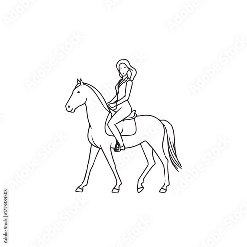 Black and white line art of a beautiful woman with perfect body riding horse elegant minimalist illustration