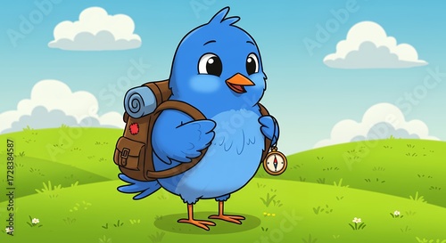 Cartoon blue bird character with backpack in a green meadow