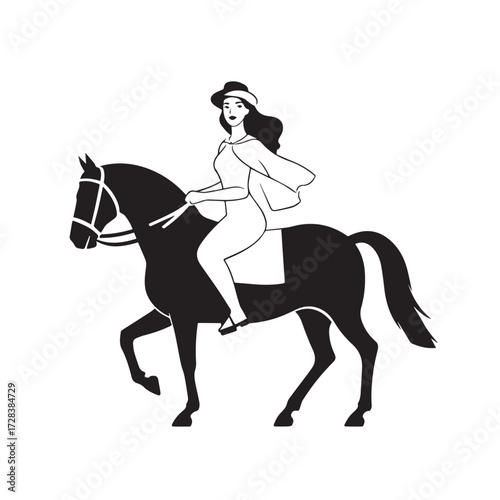 Black and white line art of a beautiful woman with perfect body riding horse elegant minimalist illustration