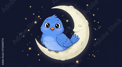 Cartoon blue bird perched on crescent moon night sky illustration