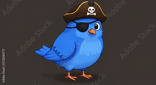 Cartoon blue bird pirate with eye patch and hat on dark background