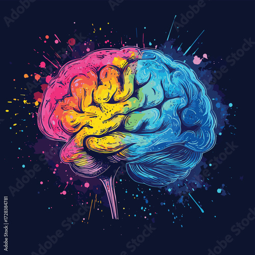 concept of a human brain full with creativity, shows multiple colors and action - generative ai image , vector style simple color