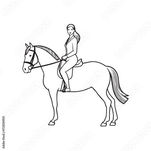 Black and white line art of a beautiful woman with perfect body riding horse elegant minimalist illustration