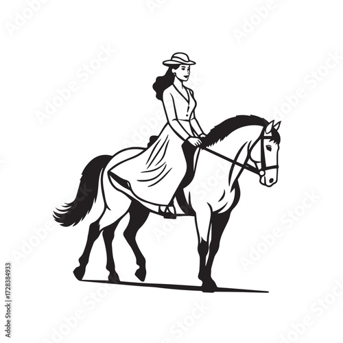 Black and white line art of a beautiful woman with perfect body riding horse elegant minimalist illustration