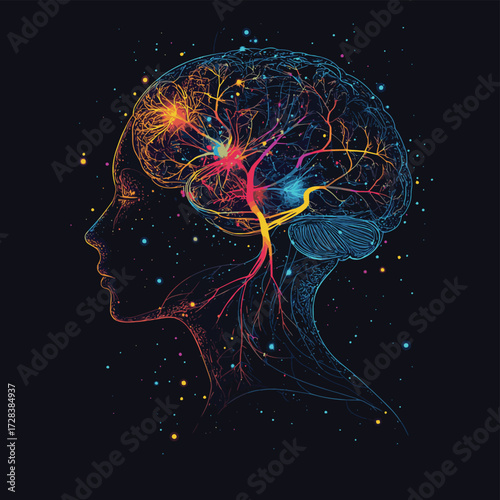 Head silhouette with brain linear illustration depicting human brain structure and neurological pathways