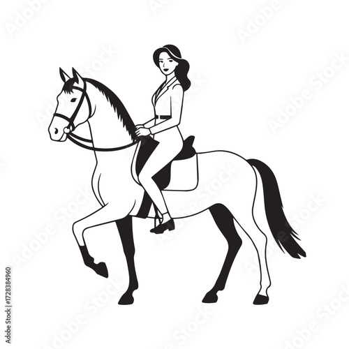 Black and white line art of a beautiful woman with perfect body riding horse elegant minimalist illustration