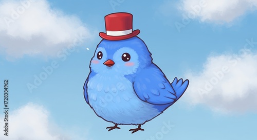 Cartoon blue bird wearing a top hat against a cloudy sky