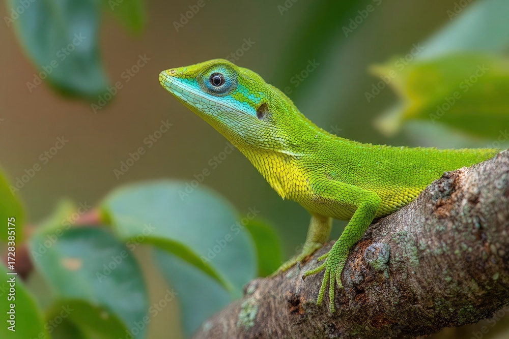 Fototapeta premium A vibrant green anole lizard perched on a weathered tree branch