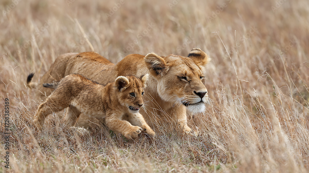 Fototapeta premium A playful lion cub running up to its sleeping mother (2)