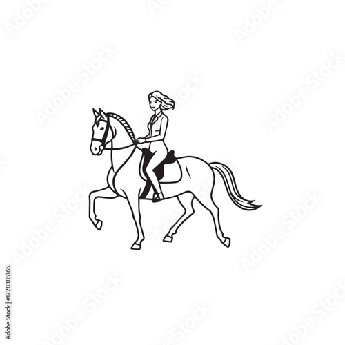Black and white line art of a beautiful woman with perfect body riding horse elegant minimalist illustration
