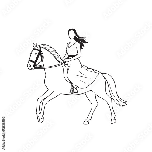 Black and white line art of a beautiful woman with perfect body riding horse elegant minimalist illustration