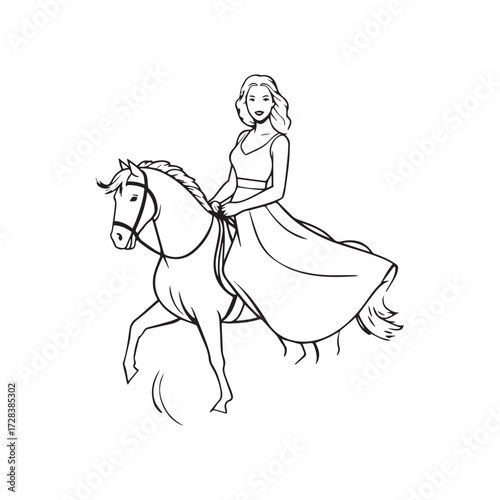 Black and white line art of a beautiful woman with perfect body riding horse elegant minimalist illustration