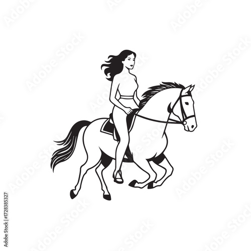Black and white line art of a beautiful woman with perfect body riding horse elegant minimalist illustration
