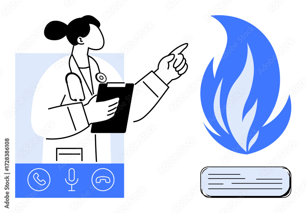Fototapeta premium Doctor holding clipboard during online consultation, pointing towards fire symbol. Ideal for telemedicine, health care, emergencies, online communication, medical advice, safety education, simple