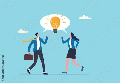 Communicate idea in business discussion, effective communication to brainstorm and come up with solution or result concept, businessman and woman coworker talking speech bubble with lightbulb idea.